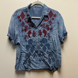T.J.Maxx Blue and Red Embroidered Blouse
